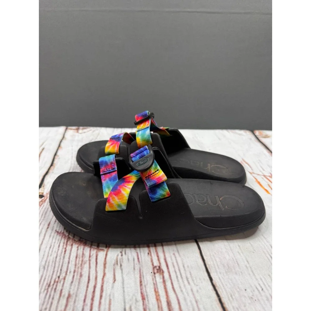 Chaco Chillos Slide Sandals Kids Black Rainbow Tie Dye Adjustable Straps Size 5‎